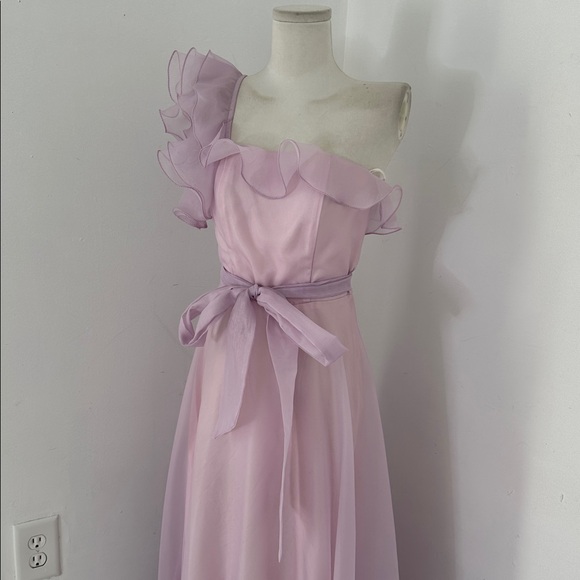 Vintage 70s Purple Ruffle One Shoulder Chiffon Maxi Dress Angelic Cottage Core - Picture 2 of 6